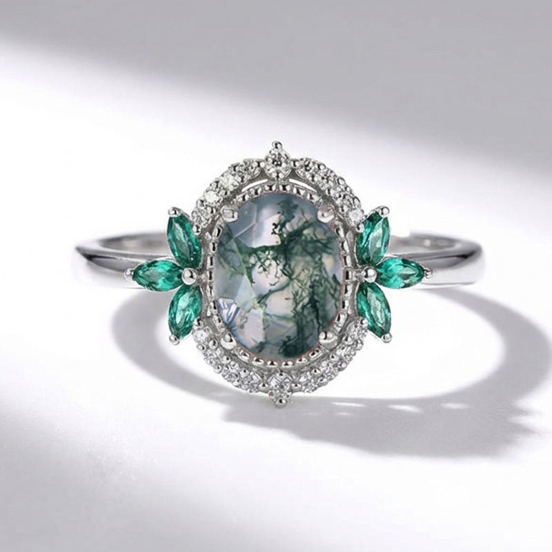 Sotiya Art Deco Moss Agate Oval Cut Engagement Ring Sterling Silver-Sotiya