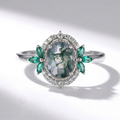 Sotiya Art Deco Moss Agate Oval Cut Engagement Ring Sterling Silver-Sotiya