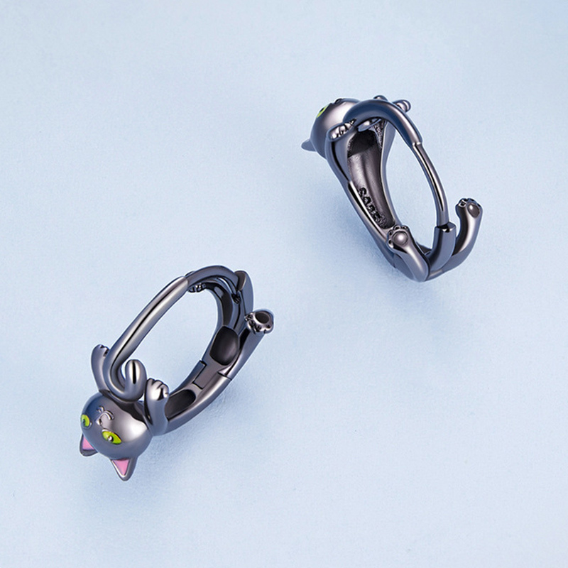 Sotiya Cute Black Cat Hoop Earrings Sterling Silver-Sotiya