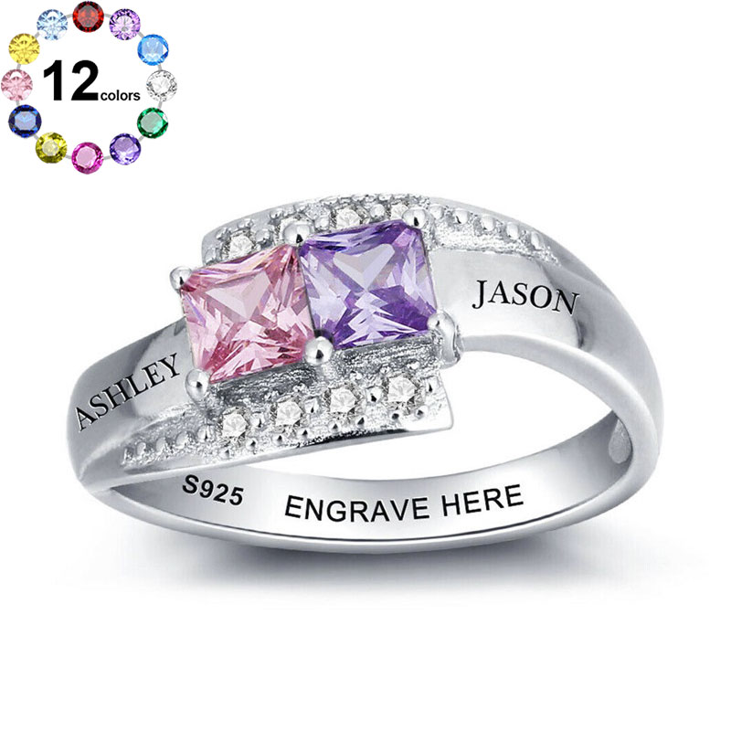 Sotiya Personalized Engagement Ring with Princess Cut Birthstone and Engraving Sterling Silver-Sotiya