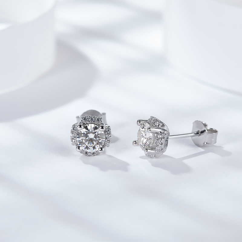 Sotiya Flower Design Round Cut Moissanite Stud Earrings Sterling Silver-Sotiya