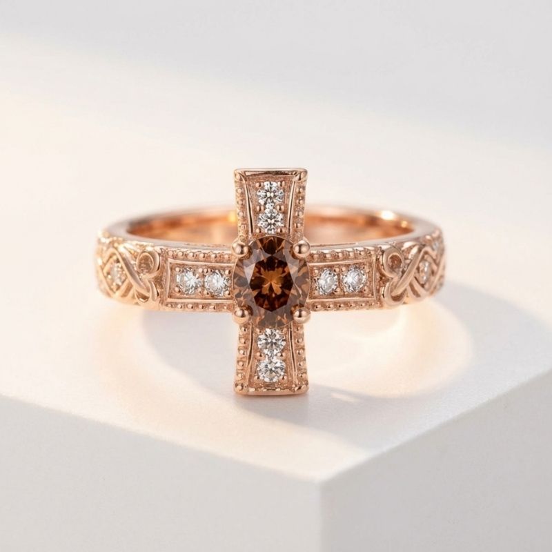 Sotiya Heart Faith Cross Coffee Oval Cut Cocktail Ring Sterling Silver-Sotiya