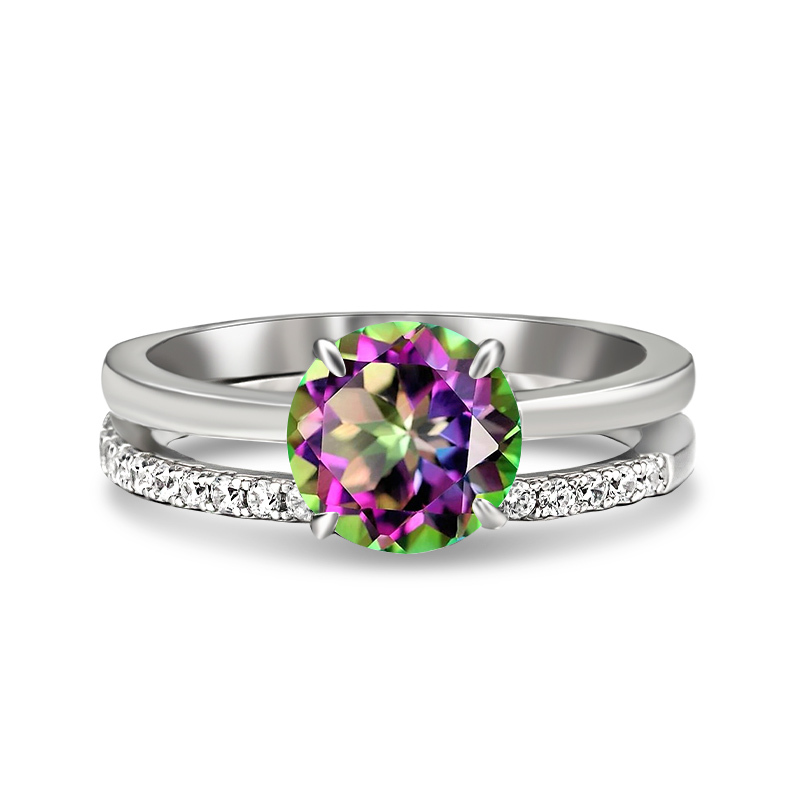 Sotiya Cathedral Classic Round Cut Rainbow Mystic Quartz Wedding Bridal Ring Set Sterling Silver-Sotiya