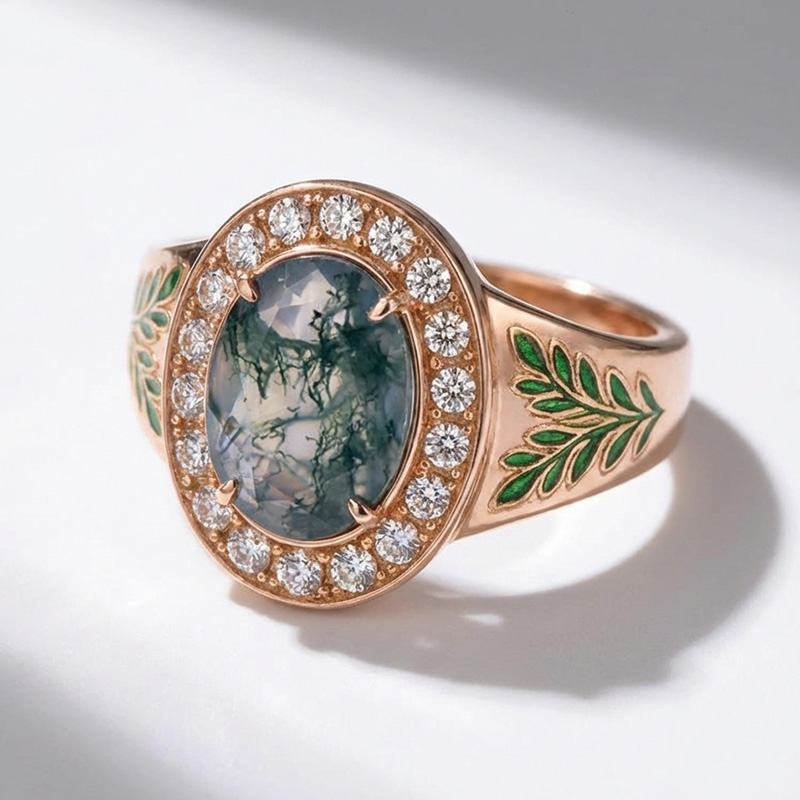 Sotiya Victorian Bay Leaf Enamel Halo Oval Cut Moss Agate Engagement Ring Sterling Silver-Sotiya