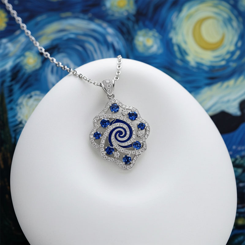 Sotiya Artist Collection Famous Painting Starry Night Enamel Necklace Sterling Silver-Sotiya