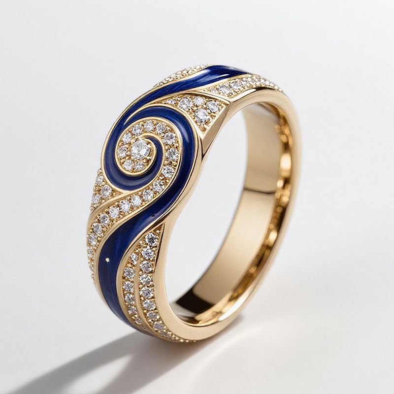 Sotiya Artist Collection Famous Painting Enamel Starry Night Curve Curl Design Women's Wedding Ring Band Sterling Silver-Sotiya