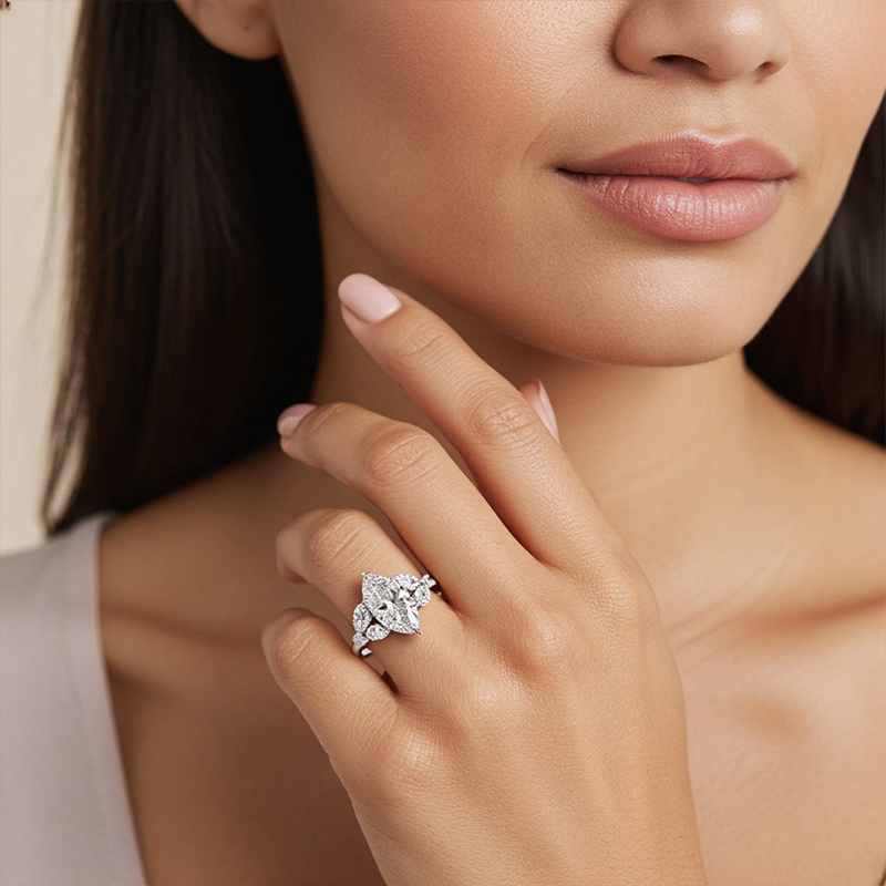 Sotiya Marquise Cut Leaves Nature Inspired Engagement Ring Sterling Silver