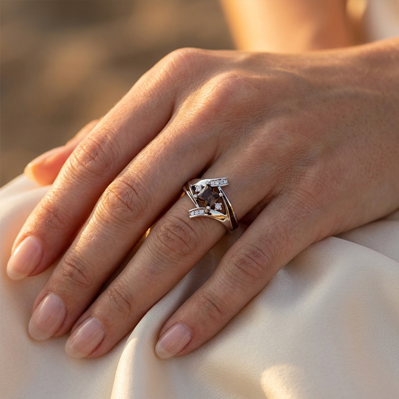 Sotiya Princess Cut Bypass Coffee Enamel Engagement Ring Sterling Silver-Sotiya