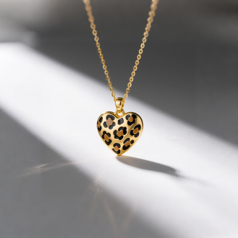Sotiya Heart Leopard Print Coffee Enamel Necklace Sterling Silver