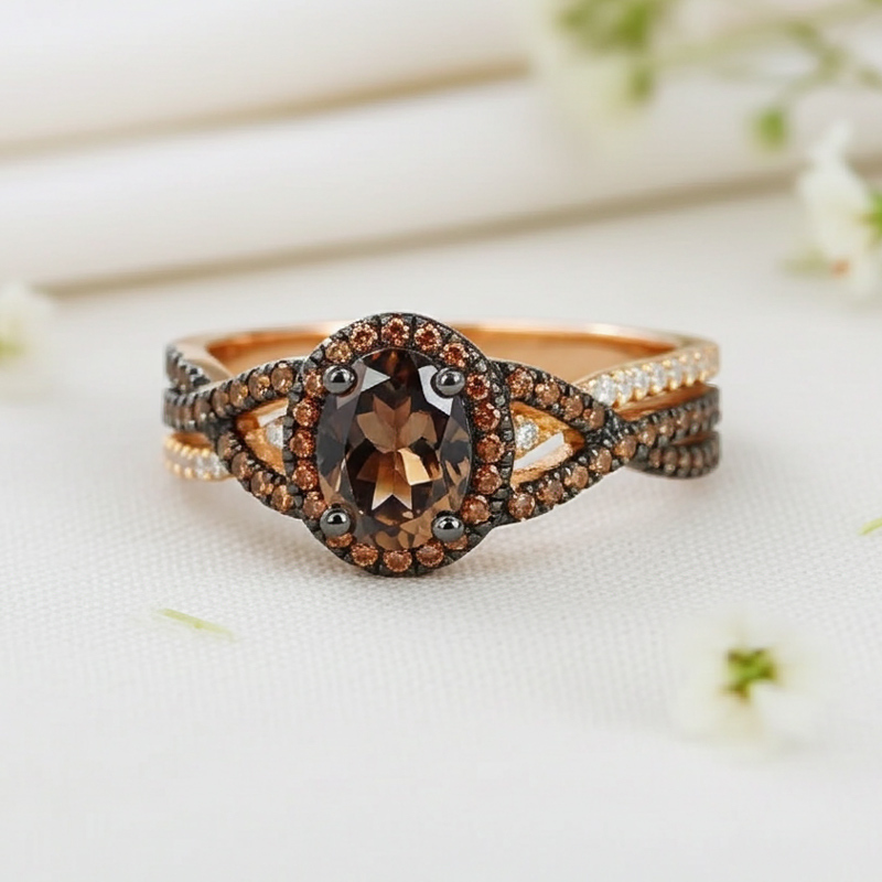 Sotiya Halo Oval Cut Coffee Twist Shank Engagement Ring Sterling Silver