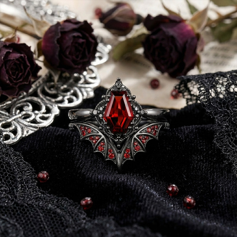 Sotiya Vintage Gothic Bat Coffin Cut Wedding Bridal Ring Set Sterling Silver-Sotiya