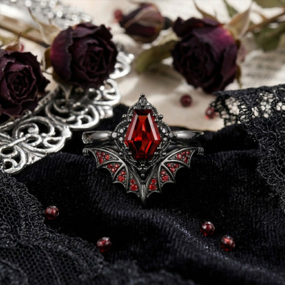 Sotiya Vintage Gothic Bat Coffin Cut Wedding Bridal Ring Set Sterling Silver-Sotiya