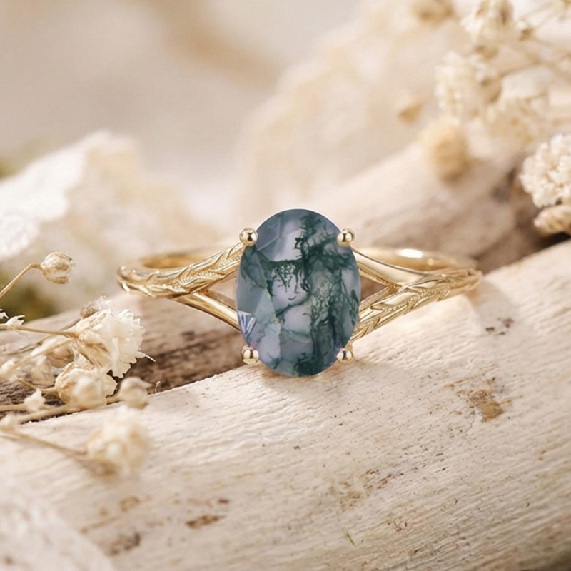Sotiya Nature Inspired Moss Agate Oval Cut Engagement Ring Sterling Silver-Sotiya