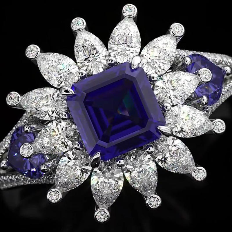 Sotiya Halo Asscher Cut Sidestones Engagement Ring Sterling Silver-Sotiya