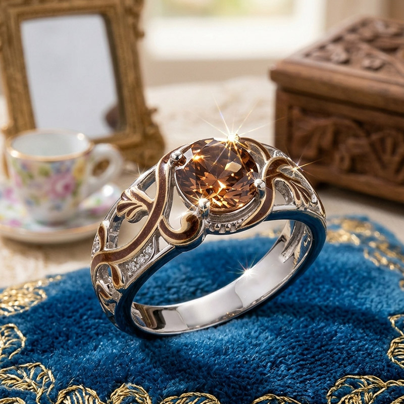 Sotiya Victorian Rococo Enamel Round Cut Coffee Engagement Ring Sterling Silver