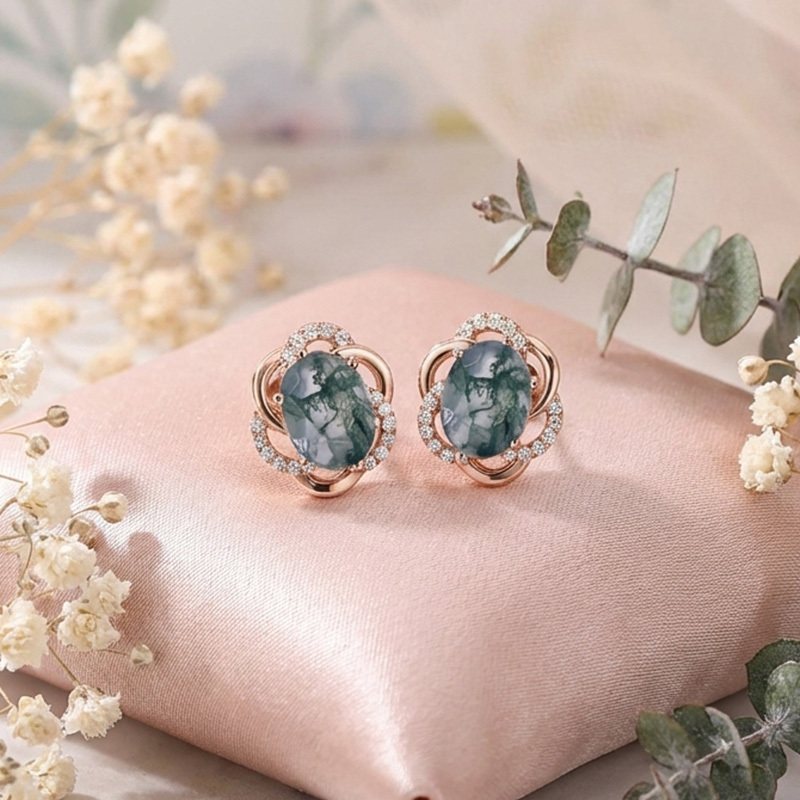 Sotiya Moss Agate Oval Cut Halo Flower Petal Design Stud Earrings Sterling Silver-Sotiya
