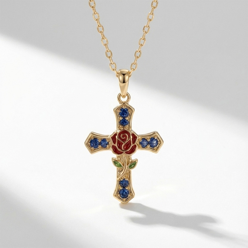 Sotiya Enchanted Red Rose Design Enamel Faith Cross Necklace Sterling Silver-Sotiya