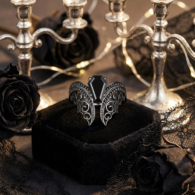 Sotiya Vintage Bat Coffin Cut Wedding Bridal Ring Set Sterling Silver-Sotiya