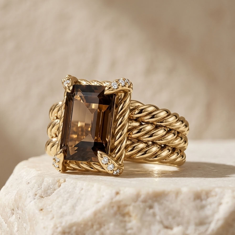 Sotiya Twisted Rope Emerald Cut Coffee Engagement Ring Sterling Silver