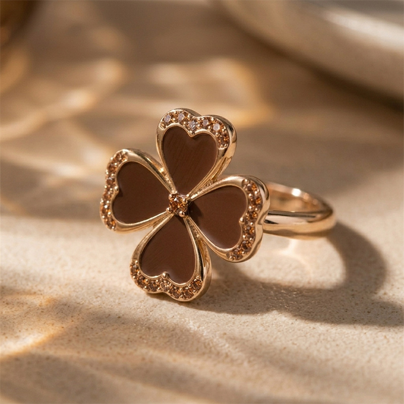 Sotiya Four Leaf Clover Coffee Enamel Cocktail Ring Sterling Silver