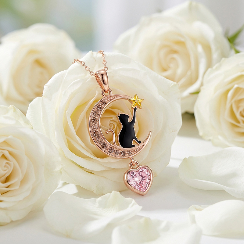 Sotiya Crescent Moon & Black Cat Heart Cut Necklace Sterling Silver-Sotiya