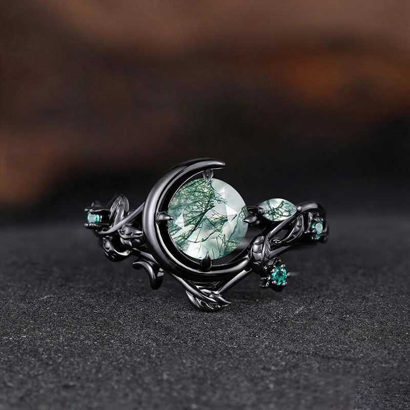 Sotiya Nature Inspired Round Cut Green Moss Agate Wedding Bridal Ring Set Sterling Silver-Sotiya