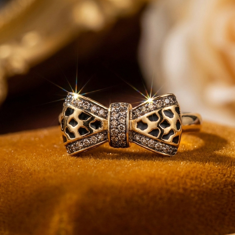 Sotiya Leopard Print Bowknot Coffee Enamel Ring Sterling Silver-Sotiya