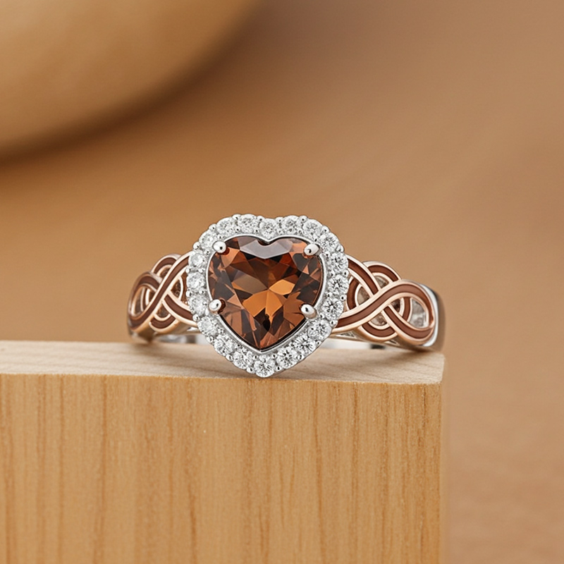 Sotiya Halo Heart Cut Knot Coffee Enamel Engagement Ring Sterling Silver-Sotiya