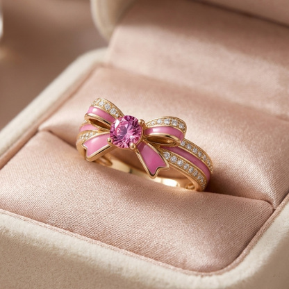 Sotiya Cushion Cut Bowknot Pink Enamel Promise Ring Sterling Silver-Sotiya