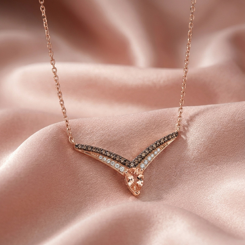 Sotiya V-shaped Design Synthetic Morganite Pear Cut Coffee Necklace Sterling Silver-Sotiya