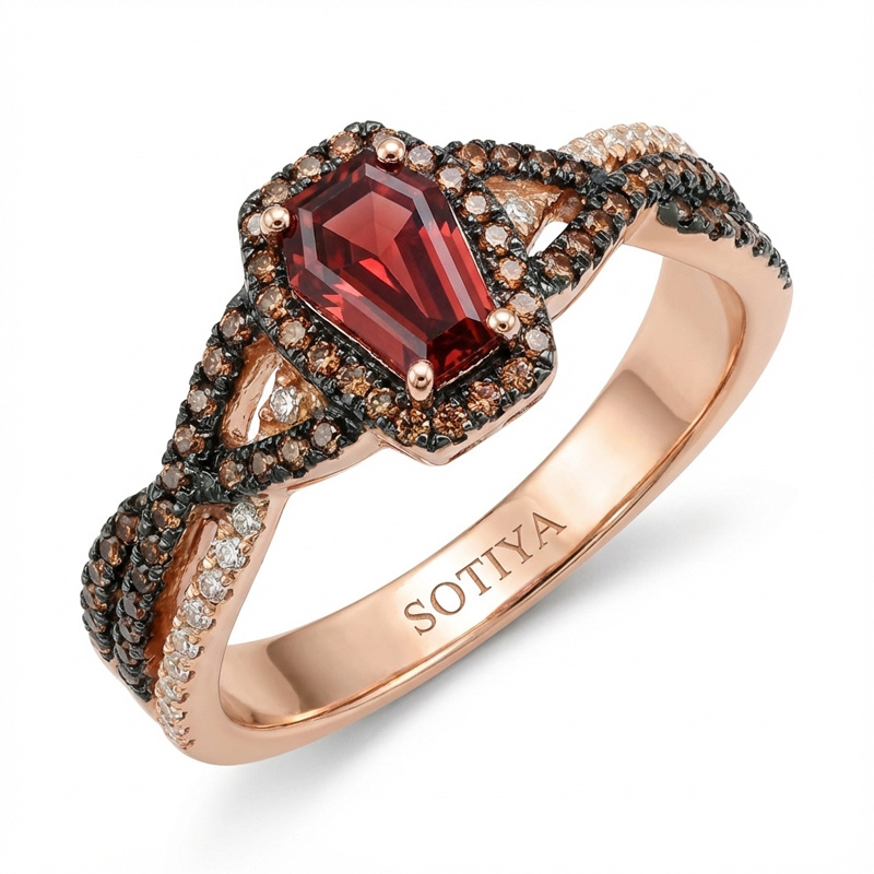 Sotiya Halo Coffin Cut Coffee Twist Shank Engagement Ring Sterling Silver-Sotiya