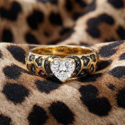 Sotiya Heart Cut Leopard Print Coffee Black Enamel Ring Sterling Silver-Sotiya