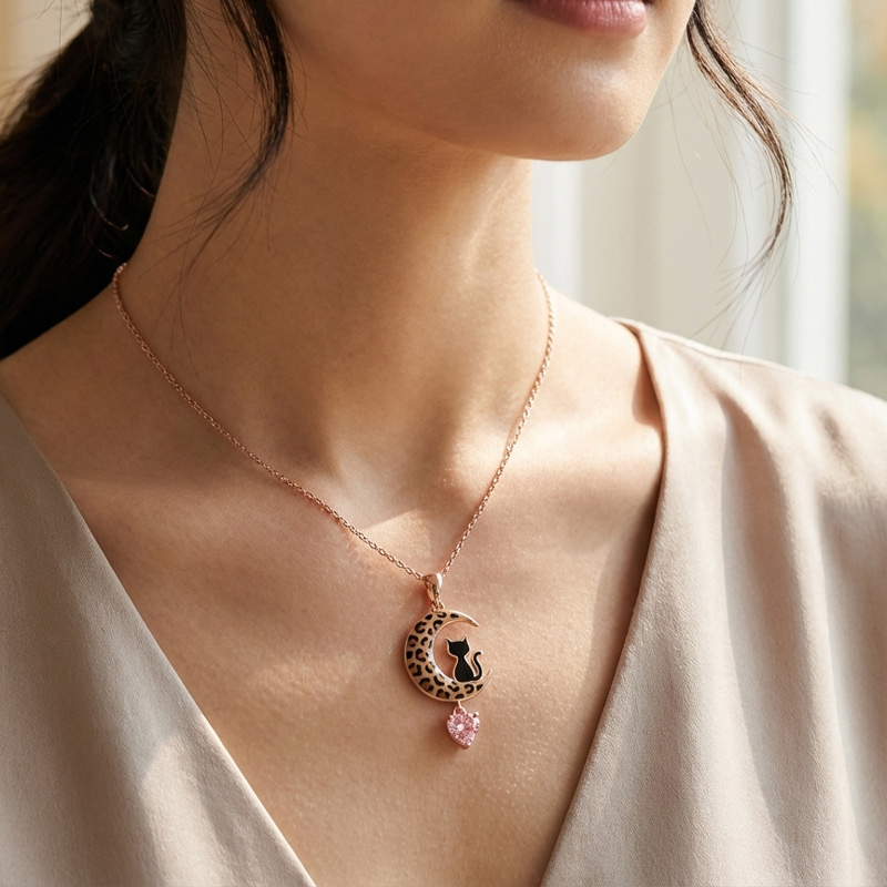 Sotiya Black Cat on Leopard Print Moon Pink Heart Pendant Necklace Sterling Silver-Sotiya