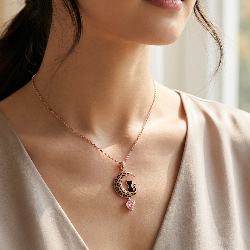 Sotiya Black Cat on Leopard Print Moon Pink Heart Pendant Necklace Sterling Silver-Sotiya