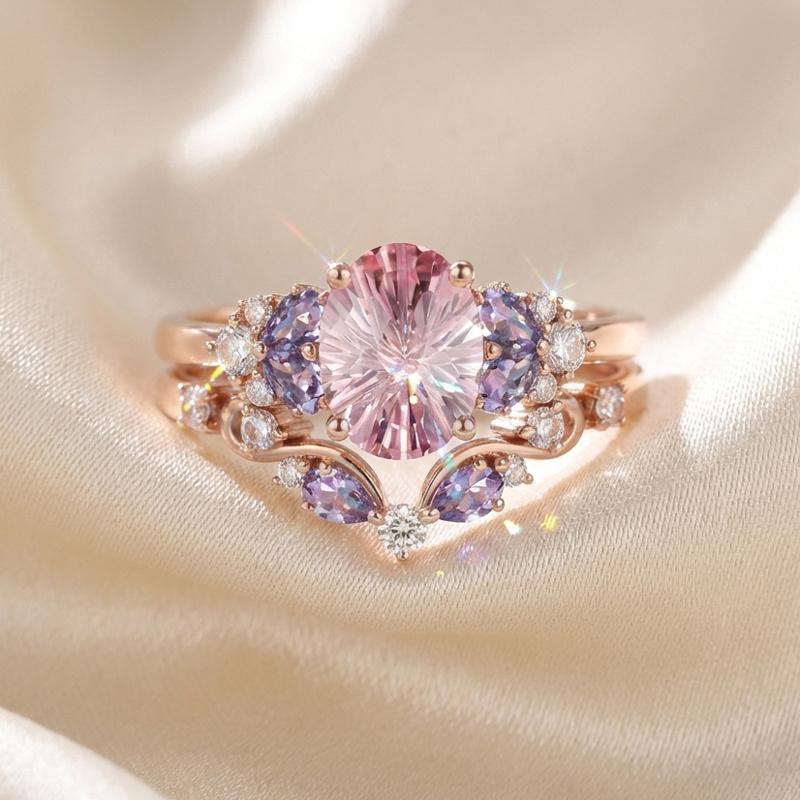 Sotiya Sidestones Cluster Pink Oval Fantasy Starbrite Cut Wedding Bridal Ring Set Sterling Silver-Sotiya