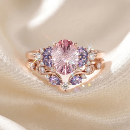 Sotiya Sidestones Cluster Pink Oval Fantasy Starbrite Cut Wedding Bridal Ring Set Sterling Silver-Sotiya