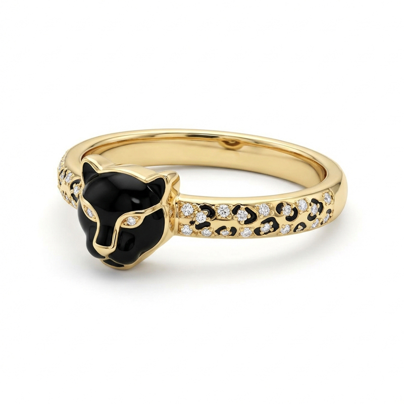 Sotiya Leopard Head Design Leopard Print Black Enamel Ring Sterling Silver-Sotiya