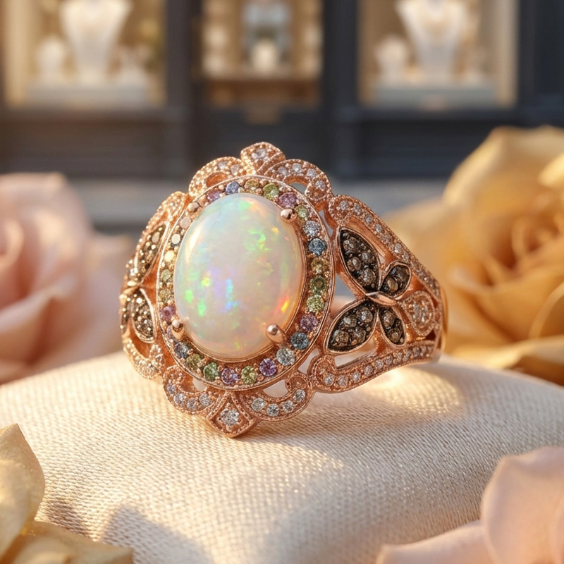 Sotiya Butterfly Colorful Halo Opal Oval Cut Coffee Engagement Ring Sterling Silver-Sotiya