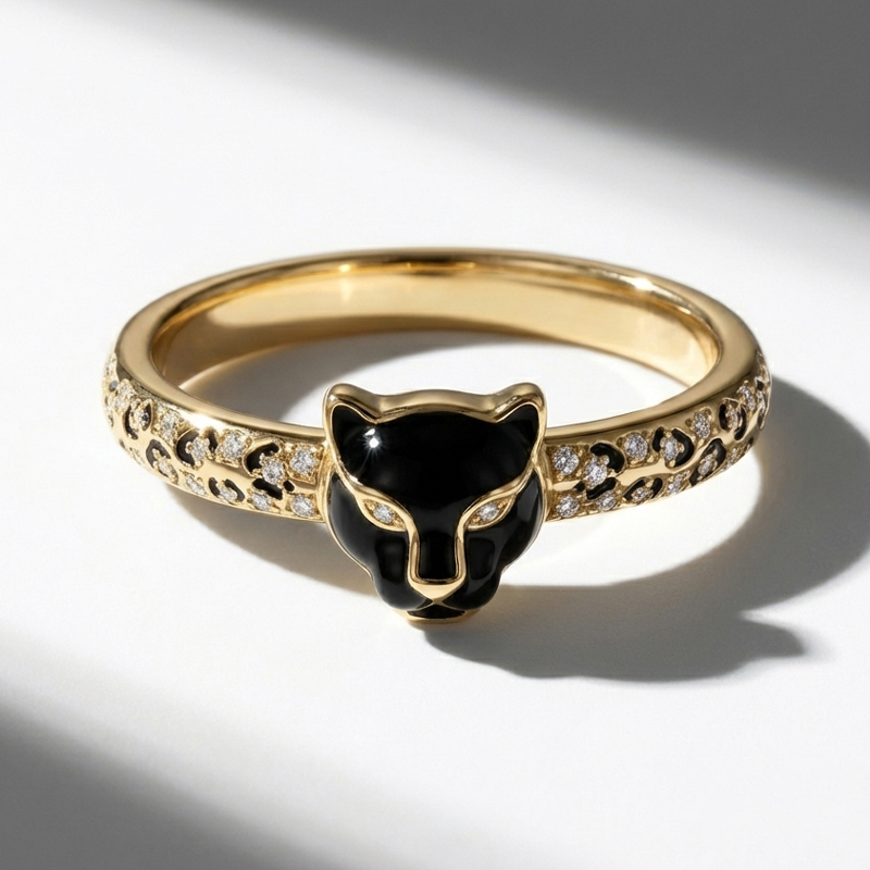 Sotiya Leopard Head Design Leopard Print Black Enamel Ring Sterling Silver-Sotiya