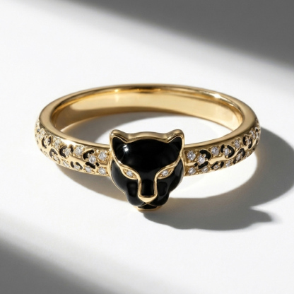 Sotiya Leopard Head Design Leopard Print Black Enamel Ring Sterling Silver-Sotiya