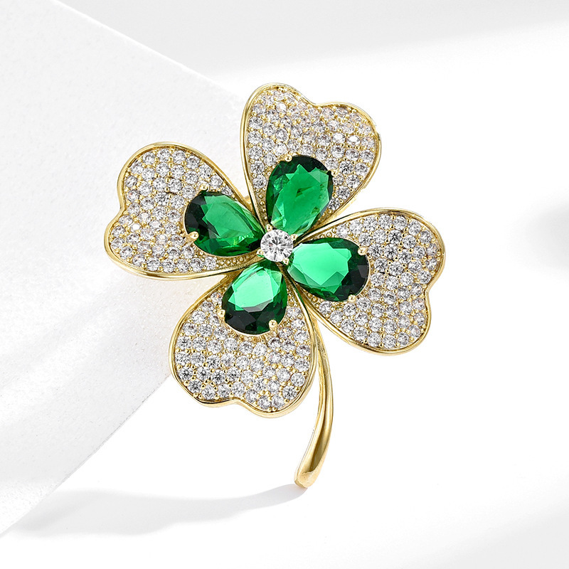 Sotiya Four Leaf Clover Pear Cut Emerald Green Brooch-Sotiya