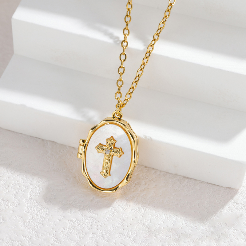 Sotiya Cross Faith Shell Personalized Photo Locket Necklace-Sotiya