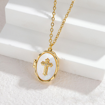 Sotiya Cross Faith Shell Personalized Photo Locket Necklace-Sotiya