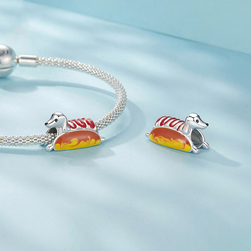 Sotiya Cute Dachshund Hot Dog Twist Enamel Charm Sterling Silver-Sotiya