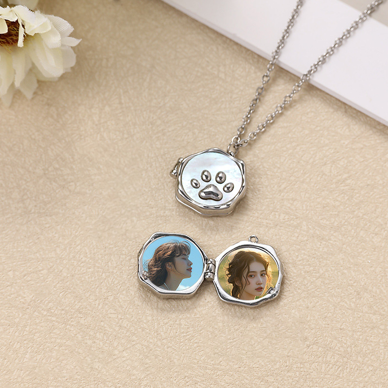 Sotiya Pet Cat Dog Puppy Paw Shell Personalized Photo Locket Necklace-Sotiya