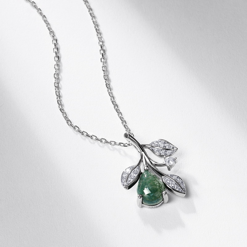 Sotiya Leaf Design Pear Cut Green Moss Agate Necklace Sterling Silver-Sotiya