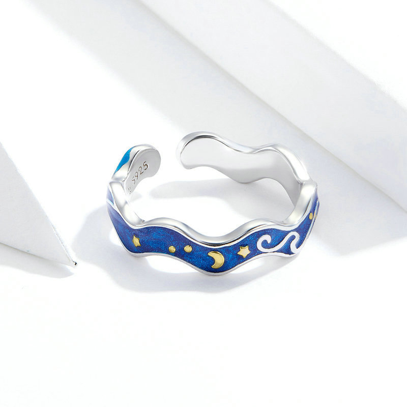 Sotiya Artist Collection Famous Painting Starry Night Inspired Enamel Open Ring Sterling Silver-Sotiya