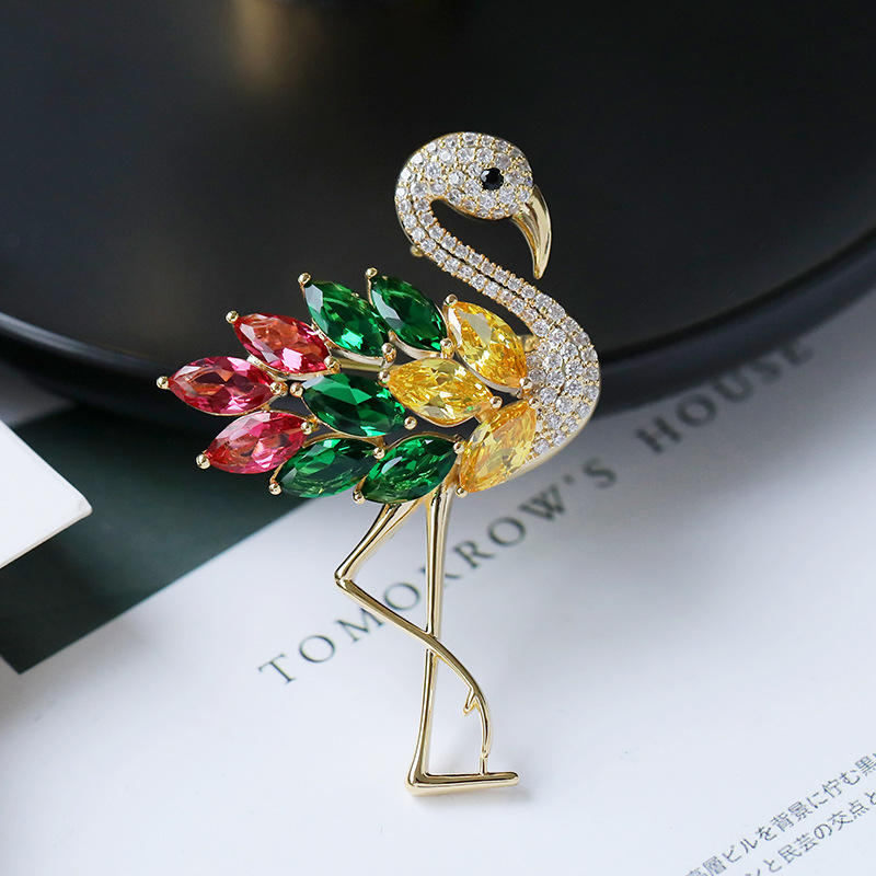 Sotiya Multi Colored Flamingo Marquise Cut Brooch-Sotiya