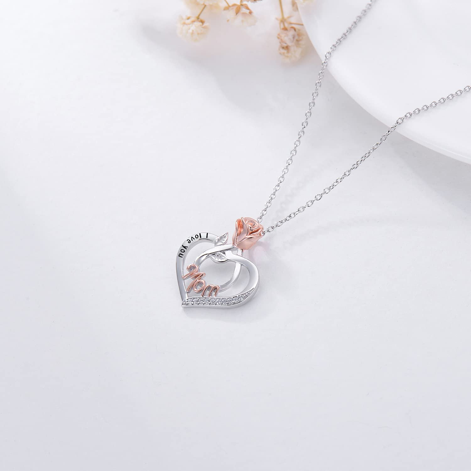 Sotiya Heart-shaped Mom Engraved Rose Pendant Necklace Sterling Silver-Sotiya