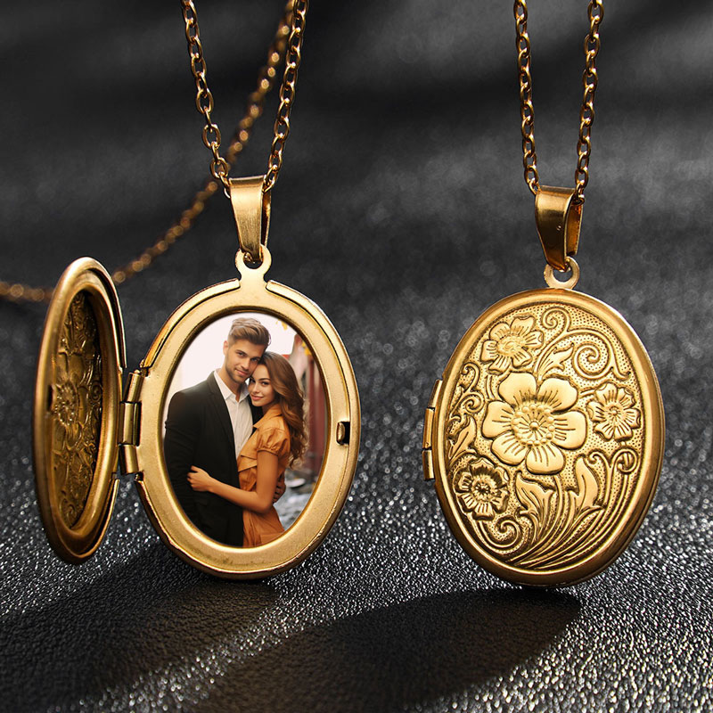 Sotiya Vintage Floral Print Oval Personalized Photo Locket Necklace Stainless Steel-Sotiya
